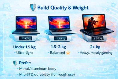 Laptop build quality comparison showing metal and plastic body designs with emphasis on weight and durability
