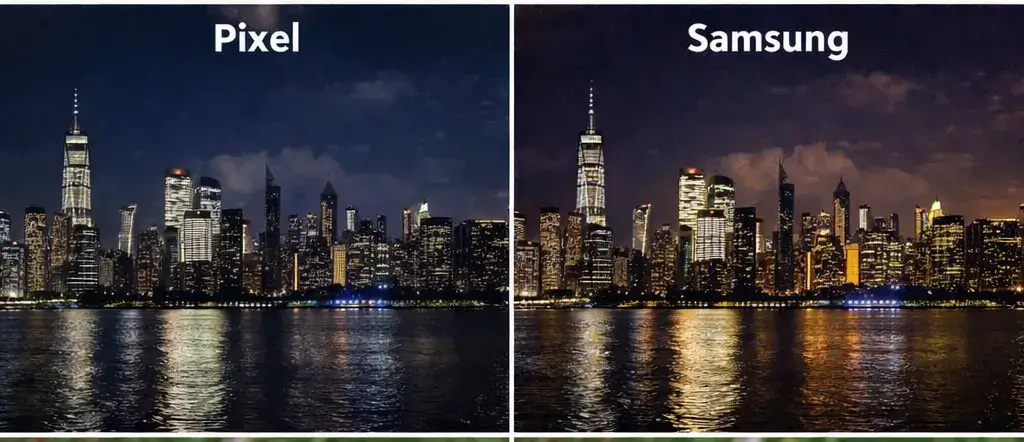Side-by-side night photography comparison of Google Pixel and Samsung Galaxy cameras capturing a city skyline with different color and brightness levels.