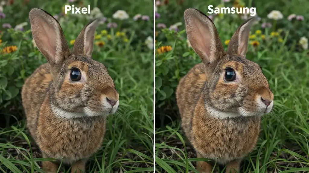 Horizontal camera comparison image showing Google Pixel and Samsung Galaxy photos with differences in detail, sharpness, and zoom clarity.”