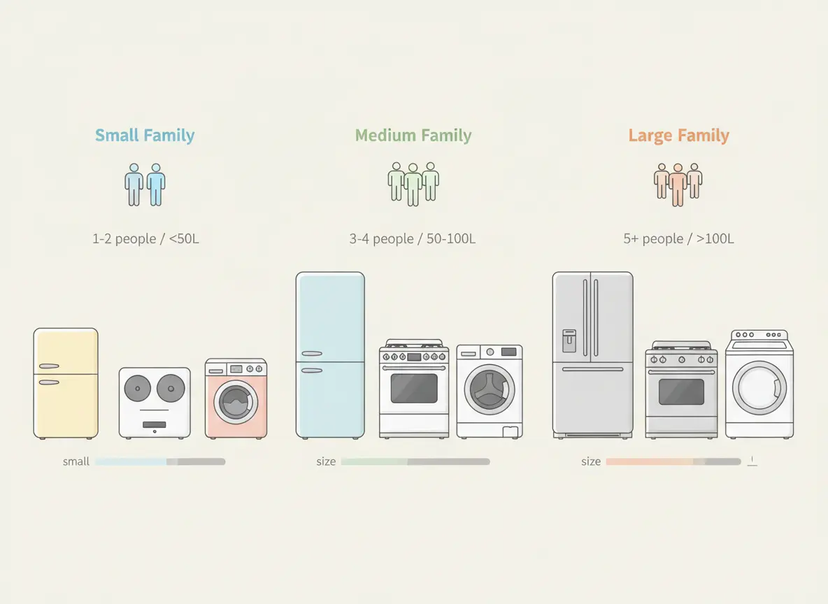 Small, medium, and large home appliances compared to help choose the right capacity for families