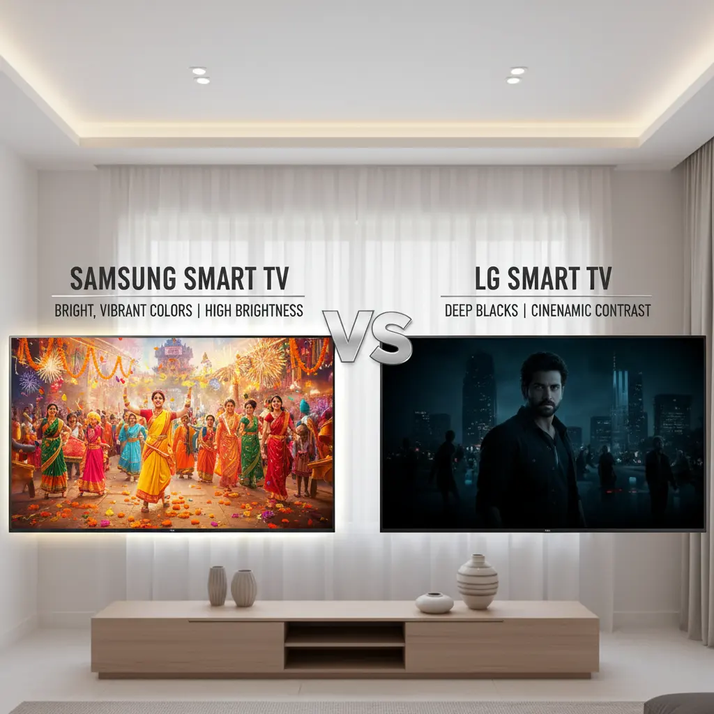 Samsung vs LG Smart TVs side by side in an Indian living room showing display and feature comparison