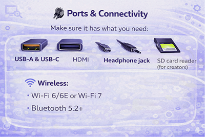 Laptop connectivity options including ports and wireless features