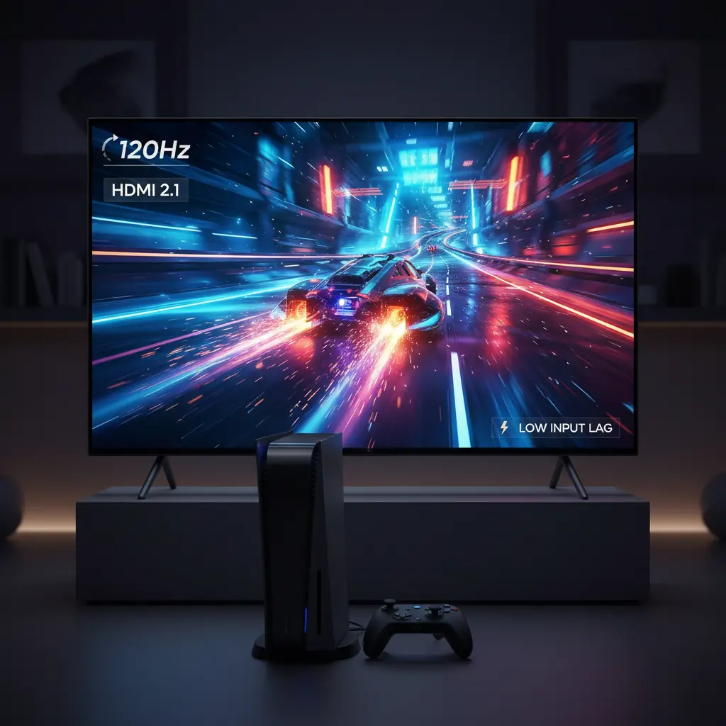 Smart TV gaming performance showing smooth 120Hz gameplay with gaming console