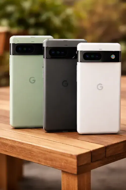 Vertical image of Google Pixel smartphones showing rear design with signature camera bar in green, black, and white colors