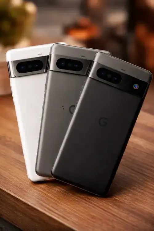 Vertical image of Google Pixel smartphone on wireless charging stand, showing front display and rear camera design