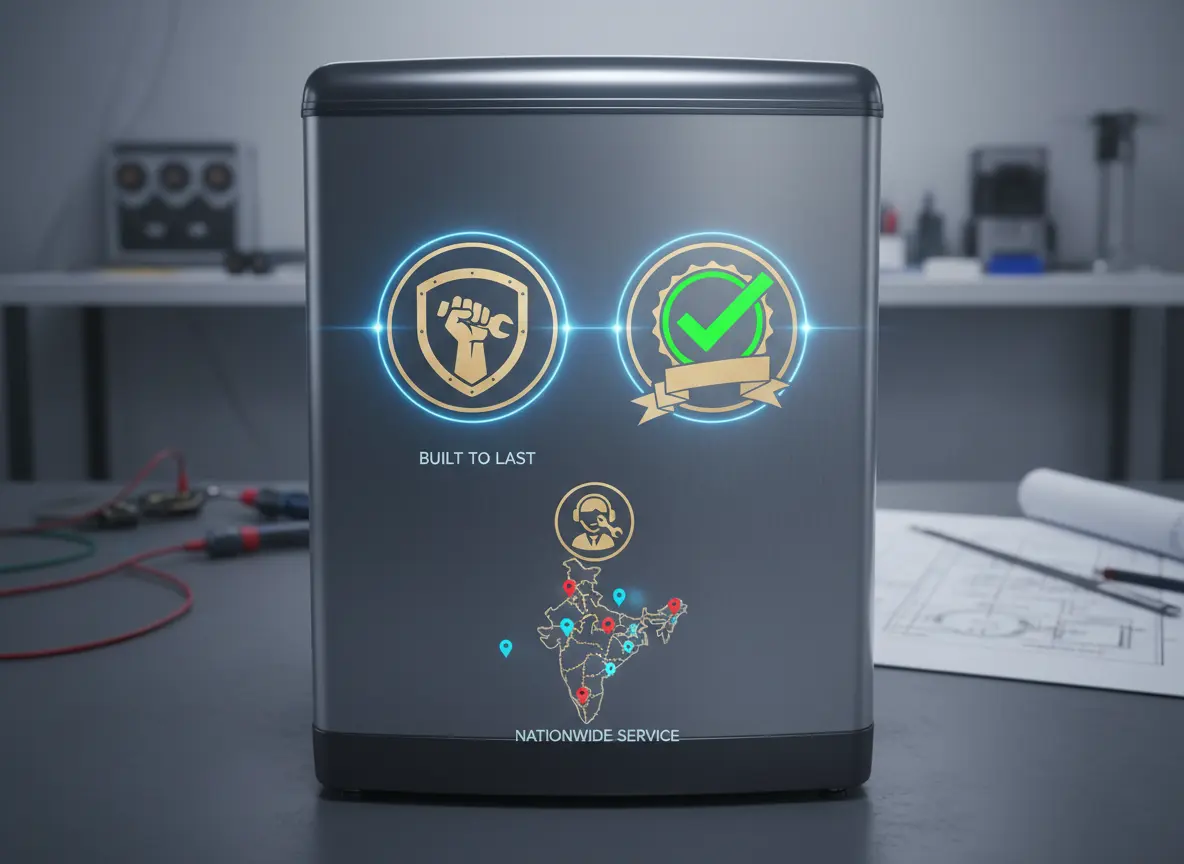 Durable home appliance with warranty and service network icons indicating reliability in India