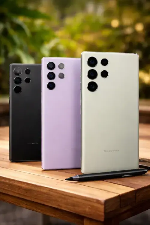 Vertical image of Samsung Galaxy smartphones showing premium rear design with multiple camera lenses in black, lavender, and green colors.