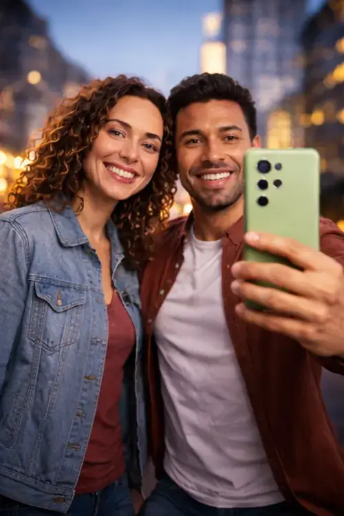 Vertical photo of Samsung Galaxy smartphone being used for a selfie, highlighting front camera quality and slim design.”