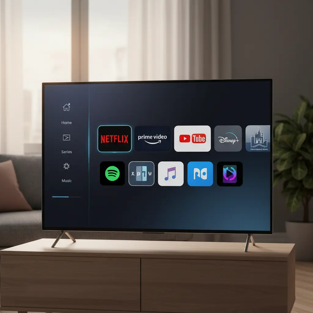 Smart TV interface displaying OTT apps like Netflix, Prime Video and YouTube