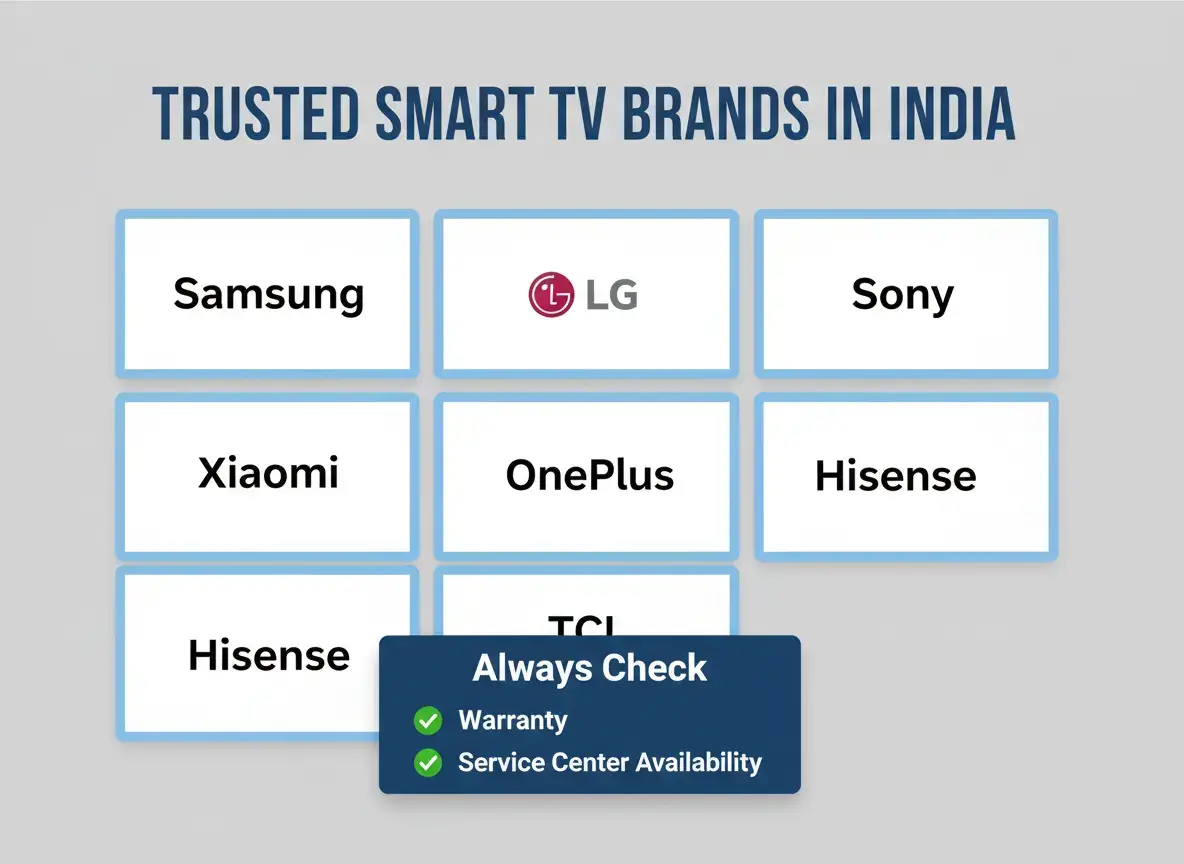 Trusted Smart TV brands in India including Samsung, LG, Sony, Xiaomi, OnePlus, TCL and Hisense with warranty and service center check tips