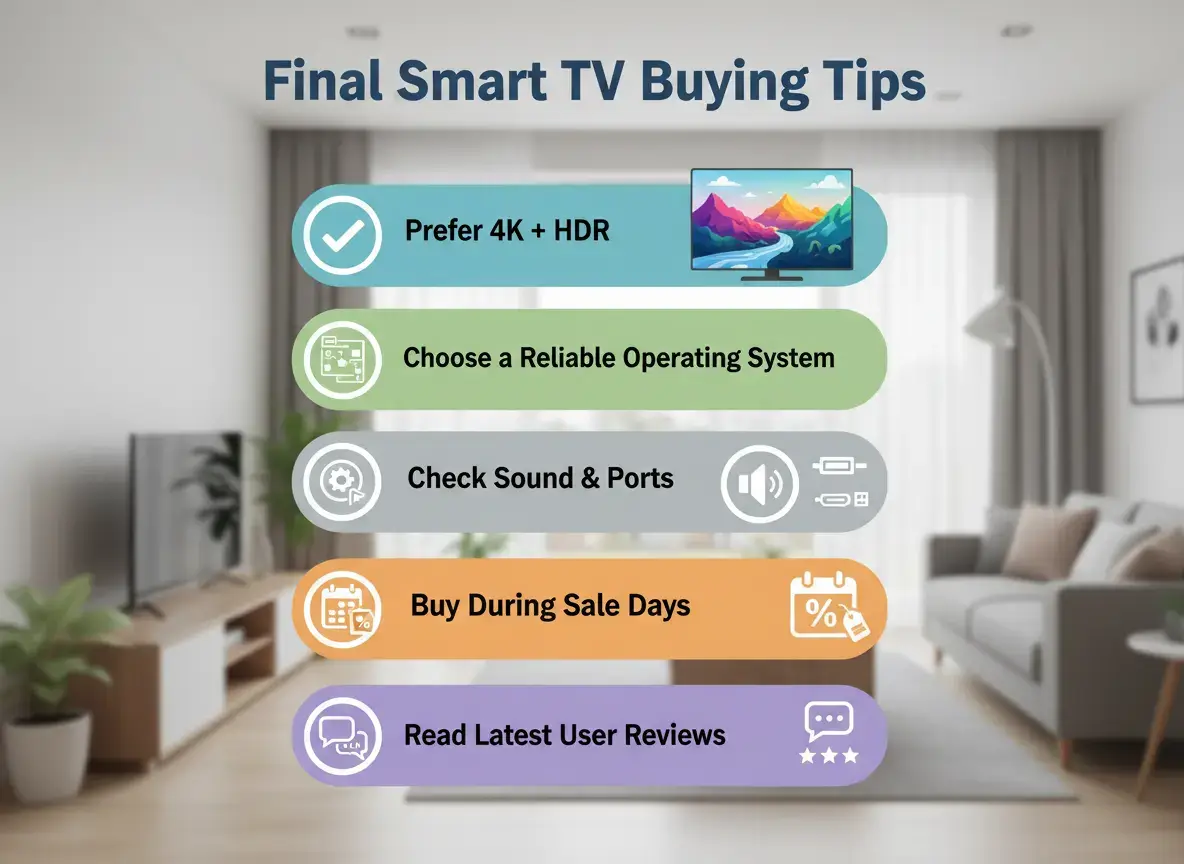 Final Smart TV buying tips checklist recommending 4K HDR, reliable OS, good sound and ports, buying during sales, and reading user reviews