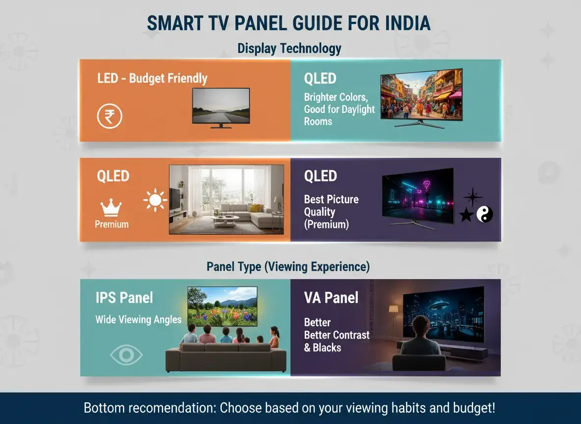 Smart TV panel types explained including LED, QLED, OLED, Mini-LED, IPS panel for wide viewing angles, and VA panel for better contrast