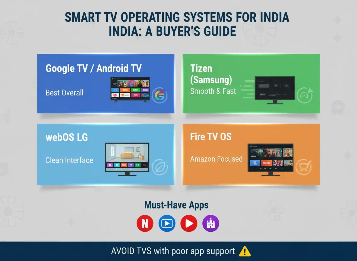 Popular Smart TV operating systems comparison including Google TV, Android TV, Tizen, webOS, and Fire TV OS with must-have streaming apps