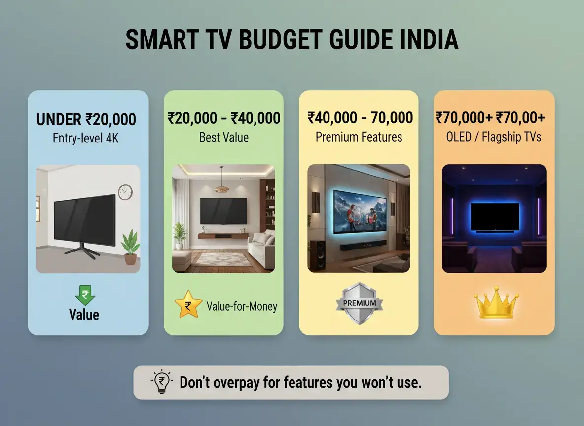 Smart TV budget guide showing TVs under ₹20,000, ₹20,000 to ₹40,000 best value range, ₹40,000 to ₹70,000 premium TVs, and OLED flagship TVs