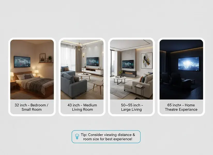 Smart TV size guide showing 32 inch for bedroom, 43 inch for medium living room, 50–55 inch for large living room, and 65 inch TV for home theatre setup